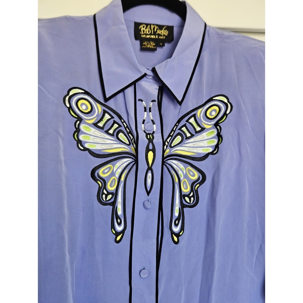 Vtg Bob Mackie Wearable Art Lavender Embroidered Butterfly ButtonUp Silk Blouse - Picture 3 of 16